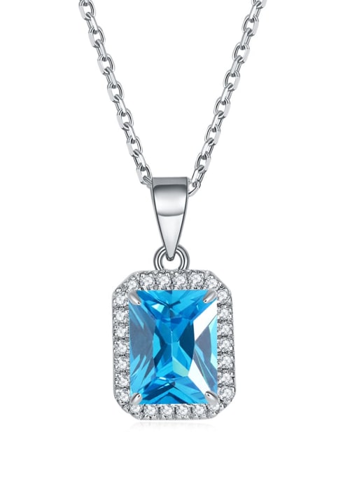 Sea blue [March] 925 Sterling Silver Birthstone Rectangle Dainty Necklace